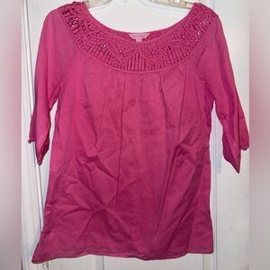 Lilly Pulitzer Pink 100% Cotton Crochet Neck 3/4 Sleeve Blouse Size S